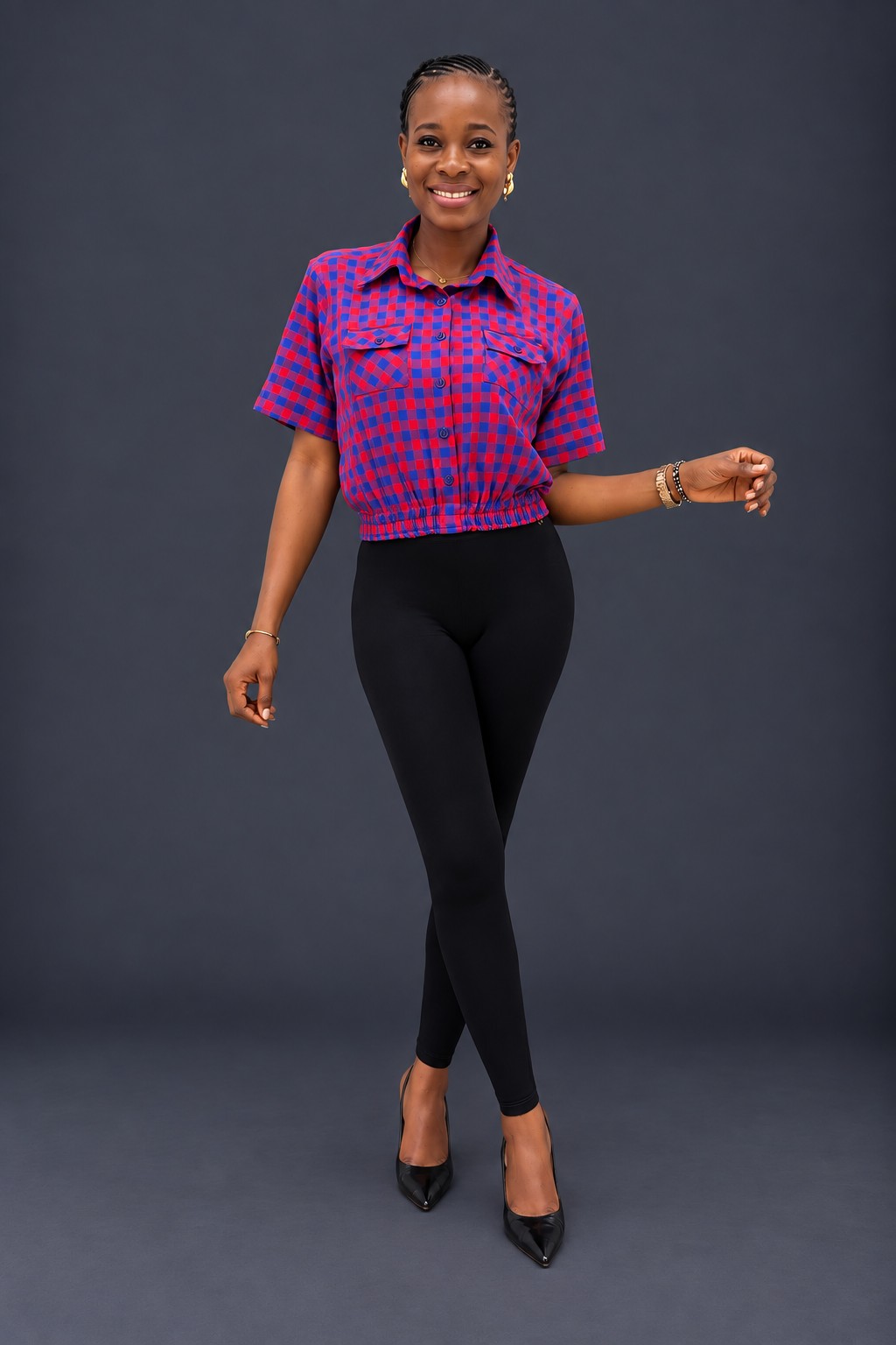 Red and blue crop check shirt