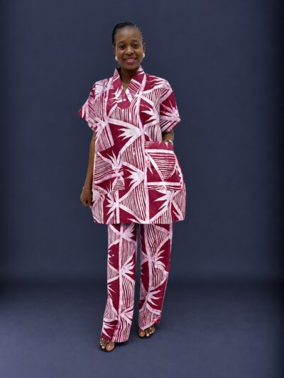 White and pink adire dansiki top and trouser with big pockets