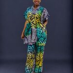 Yellow white and green adire dansiki top and trouser with big pockets