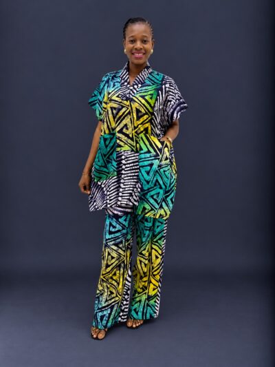 Yellow white and green adire dansiki top and trouser with big pockets