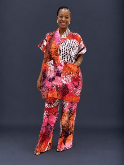 Orange white and pink adire dansiki top and trouser with big pockets