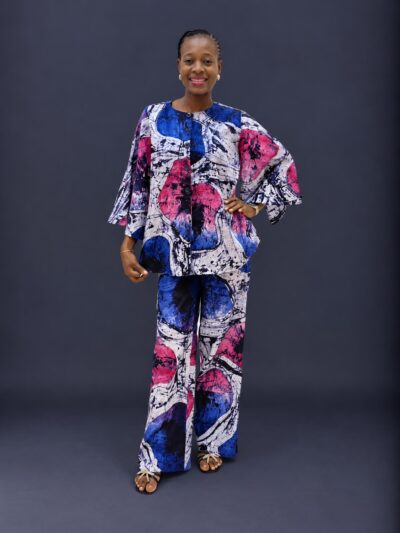 Royal blue pink and white adire cape like top and trouser slit sleeves