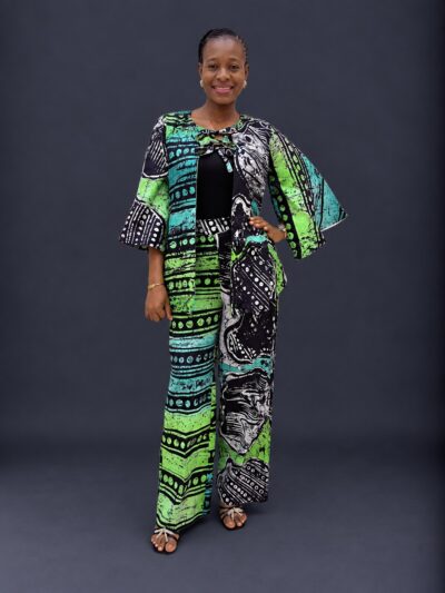 Lemon black and mint adire cape like top and trouser with slit sleeves