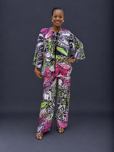 White lemon and pink adire cape like top and trouser with slit sleeves