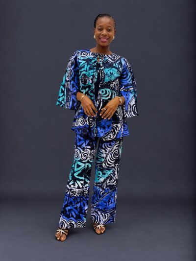 Royal blue aqua and black adire cape like top and trouser with slit sleeves