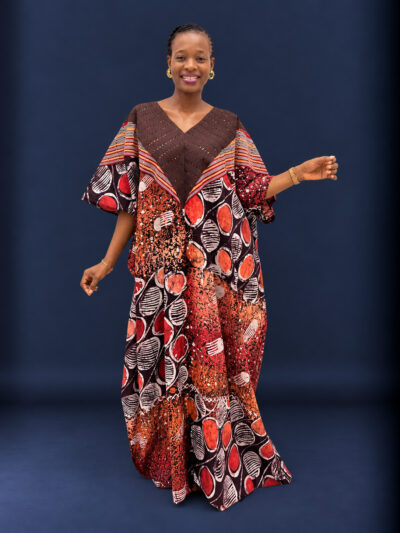 Brown white and peach mix and match adire and onjawu aso-oke bubu