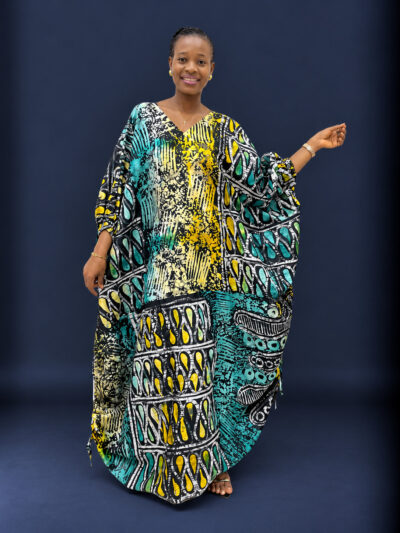 Yellow white and black adire boubou with side pull up strings