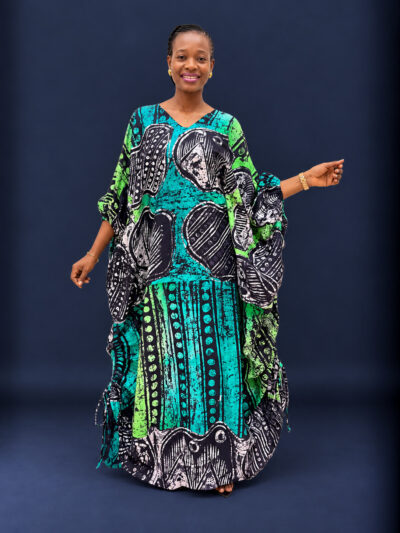 Green black and lemon adire boubou with side pull up strings