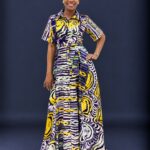 Yellow purple and mint adire print flowing shirt dress