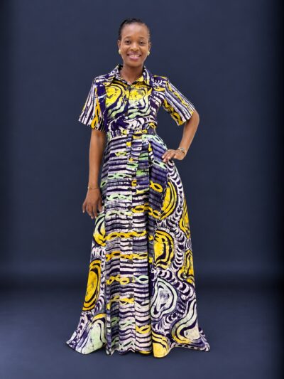 Yellow purple and mint adire print flowing shirt dress