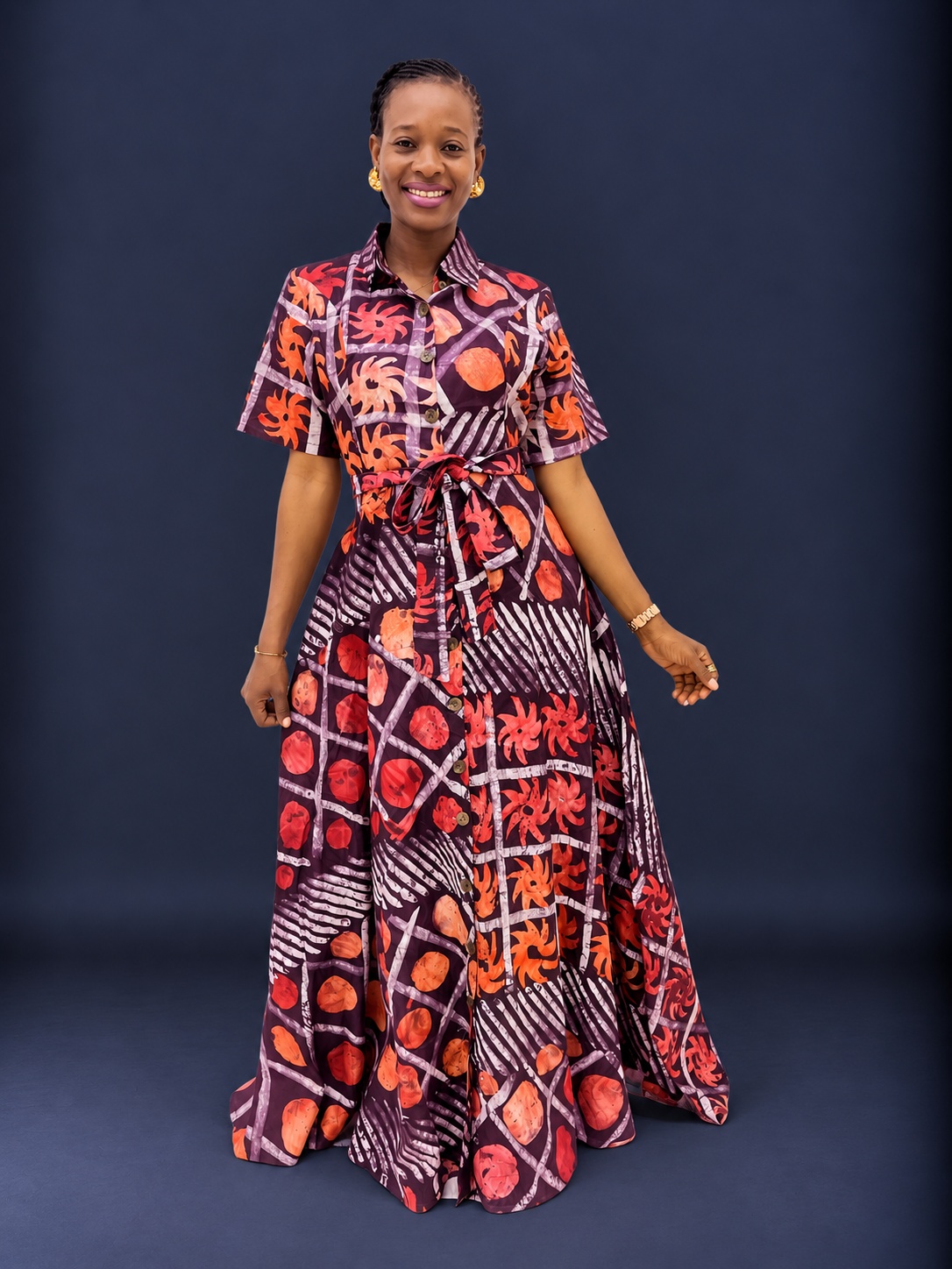 Multi color adire print flowing shirt dress