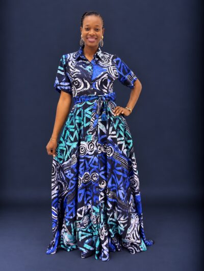 Royal blue white and black adire print flowing shirt dress