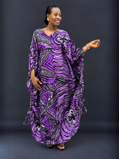 Purple black and white adire boubou with side pull up strings