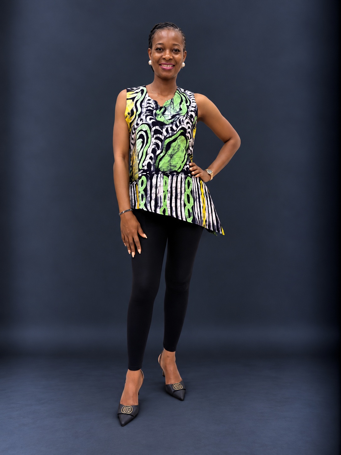 Lemon black and mint adire top