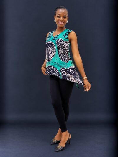 Navy Blue white and aqua adire top