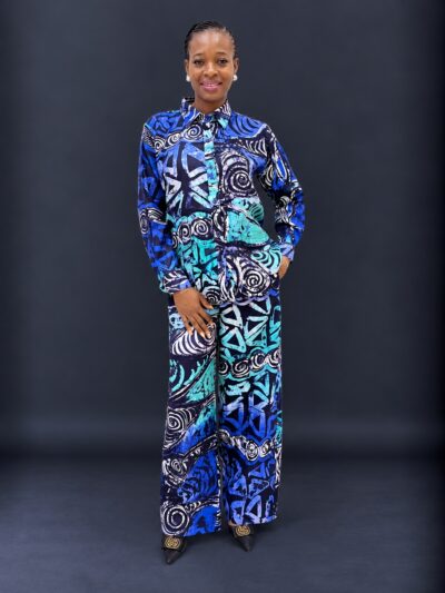 Royal blue white and mint adire shirt and pants