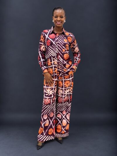 Orange white and wine adire shirt and pants
