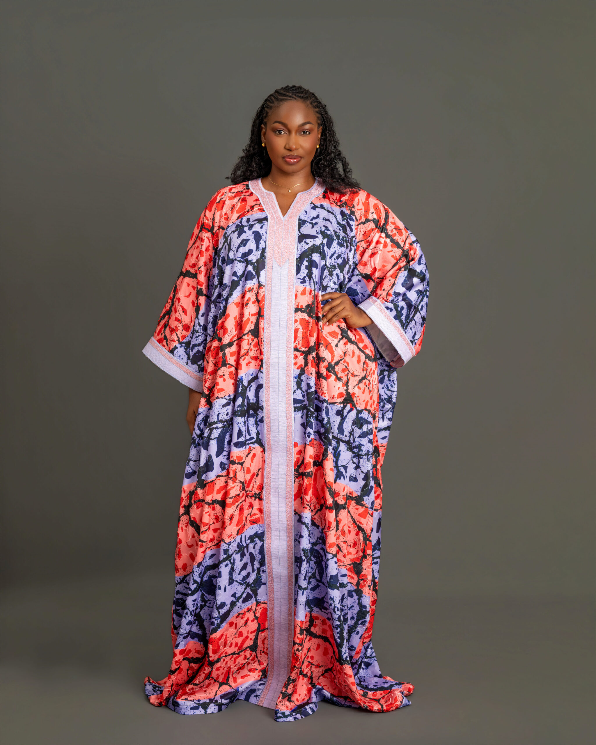 Multicolor print jacquard flowing caftan with embroidery embellishment