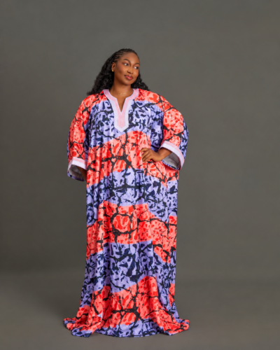 Multicolor print jacquard flowing caftan with embroidery embellishment