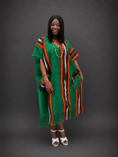 Green and orange frayed onja owu aso-oke midi dress