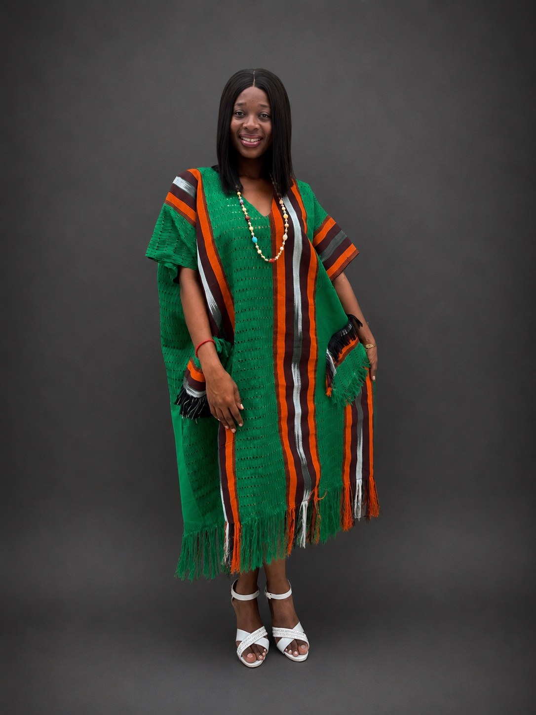 Green and orange frayed onja owu aso-oke midi dress
